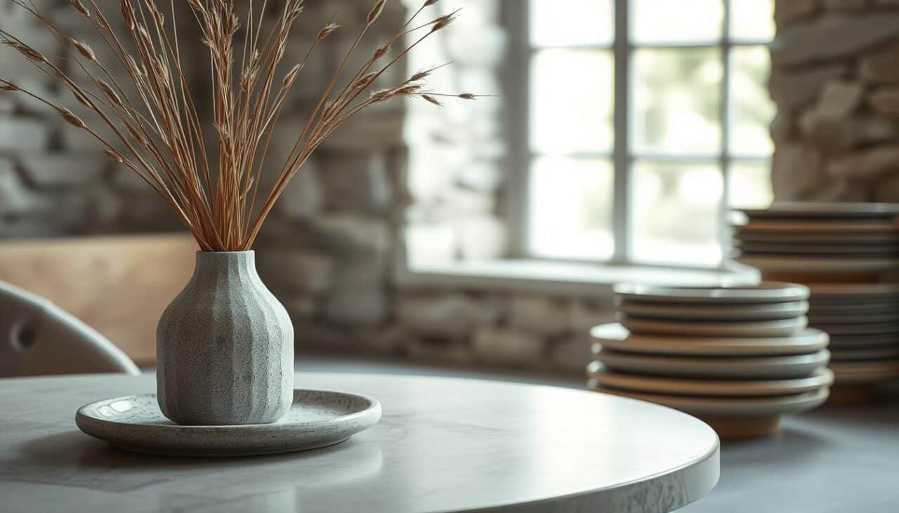 A minimalist interior space showcasing a harmonious blend of stone and ceramic elements, emphasizing cool elegance. In the foreground, a sleek, textured stone vase filled with dried grass sits atop a smooth, light-colored ceramic table. The middle ground features a refined arrangement of ceramic plates with subtle, muted tones, neatly stacked, highlighting their craftsmanship. The background reveals a soft-focus stone wall, creating depth and an inviting atmosphere. The scene is illuminated by soft, natural light pouring in from a large window, enhancing the textures and colors. Shot with a Sony A7R IV at 70mm, the image is sharply defined with a polarized filter to bring out the clarity and vibrancy of the materials, conveying a tranquil and sophisticated mood.
